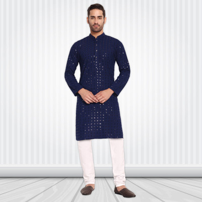Excent Men Embellished Straight Kurta(Dark Blue)