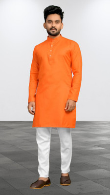 M Biswas Men Solid A-line Kurta(Orange)
