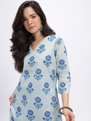 Anouk Rustic Women Floral Print Straight Kurta(Blue, White)