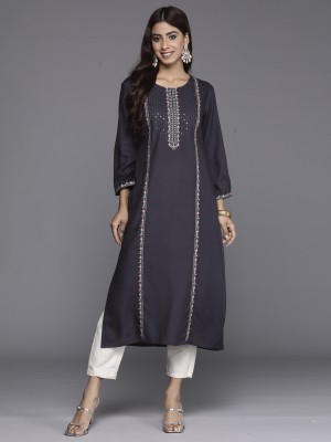 Indo Era Women Embroidered Straight Kurta(Grey)