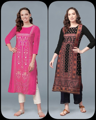 glamson Women Printed A-line Kurta(Blue)