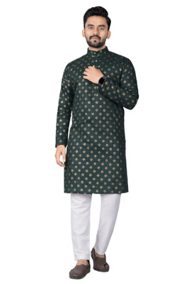 DHASU TRENDZ Men Printed Straight Kurta(Dark Green)