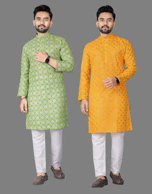 DHASU TRENDZ Men Printed Straight Kurta(Light Green, Yellow)