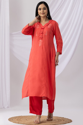 mustard Women Embroidered Straight Kurta(Red)