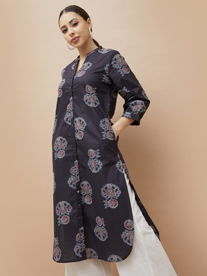 Melange by Lifestyle Women Printed Straight Kurta(Black)