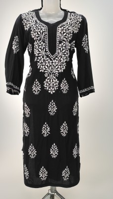 Lucknow Chikan Women Chikan Embroidery A-line Kurta(Black)