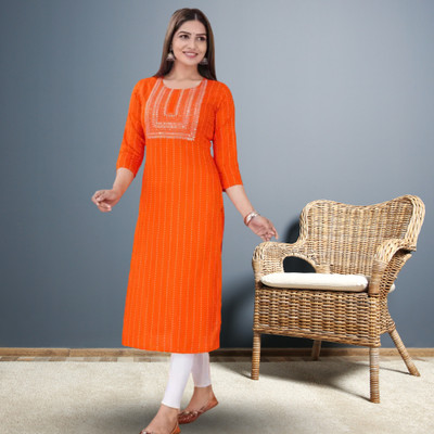 Sree Guru Enterprise Women Striped, Embroidered A-line Kurta(Orange)