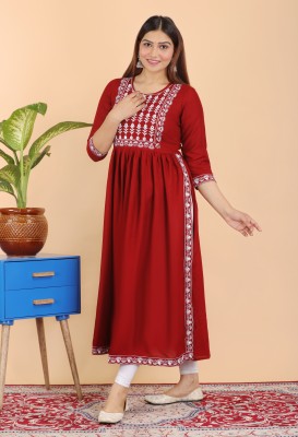 YANDZONE Women Embroidered A-line Kurta(Maroon)