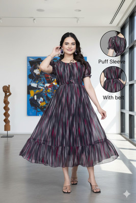 VARSHDIN Women Striped Ethnic Dress Kurta(Black)