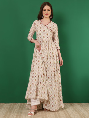 GLAM ROOTS Women Floral Print Flared Kurta(Beige)