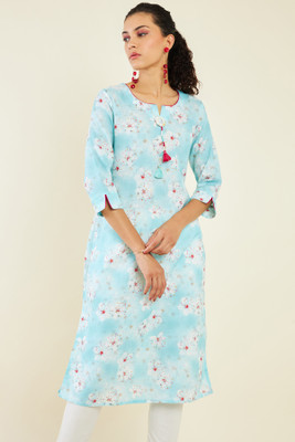soch Women Printed Straight Kurta(Blue)