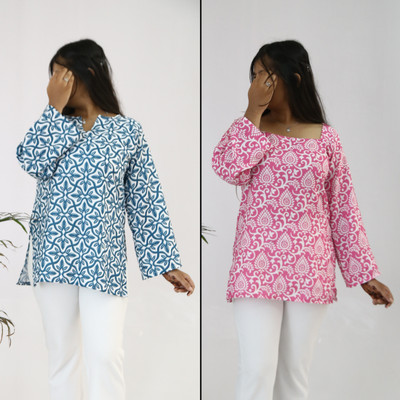 aanzri Women Floral Print, Printed Tunic Kurta(Dark Blue)