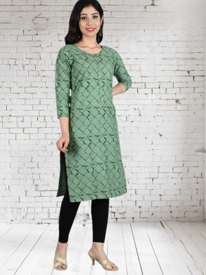Lihimisu Women Printed Straight Kurta(Green)