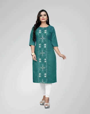 Sunanadan Women Embroidered, Solid Straight Kurta(Green)