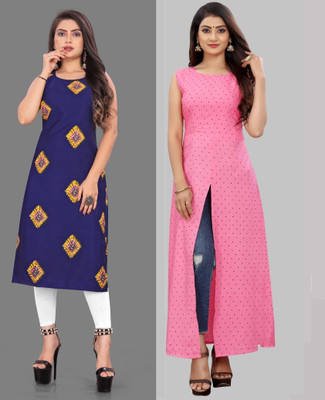 tanvi creation Women Printed Straight Kurta(Blue, Pink)