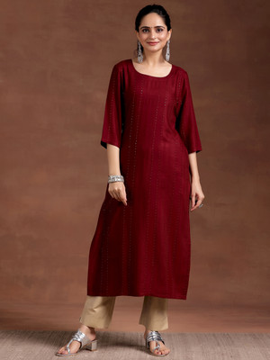 LIBAS Women Embroidered Straight Kurta(Red)