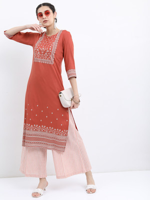 Vishudh Women Printed Straight Kurta(Brown)