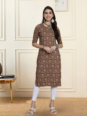 1 Stop Fashion Women Printed A-line Kurta(Beige, Brown)