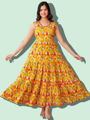 mk creation Women Printed Anarkali Kurta(Yellow)