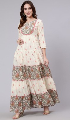 AKSONI Women Printed Anarkali Kurta(White)