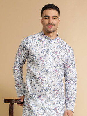 Jaipur Kurti Men Floral Print Straight Kurta(White)