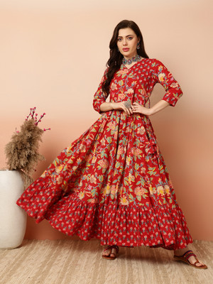 Gulmehendi Women Printed Anarkali Kurta(Red)