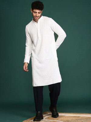 ANOUK Men Floral Print Straight Kurta(White)