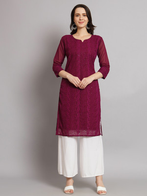 Umoly Women Chikan Embroidery A-line Kurta(Maroon)