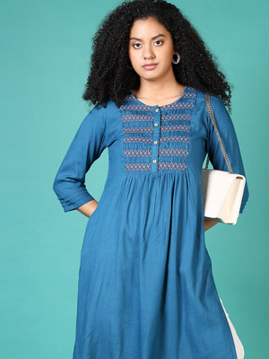 V-MART Women Self Design A-line Kurta(Blue)