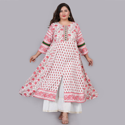 AKIKO Women Floral Print Anarkali Kurta(White)