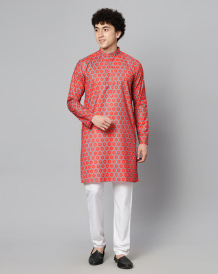 GlobalRang Men Printed, Block Print Straight Kurta(Red)