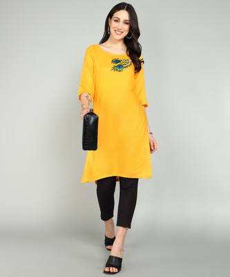 Anvi creation Women Embroidered Straight Kurta(Yellow)
