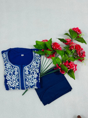 ARTFULSTITCH Women Embellished, Chikan Embroidery, Embroidered A-line Kurta(Blue)