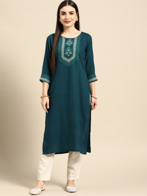 ANOUK Women Embroidered, Solid Straight Kurta(Dark Blue)
