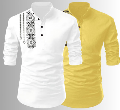 Kavyangle Creation Men Printed Straight Kurta(White, Yellow)