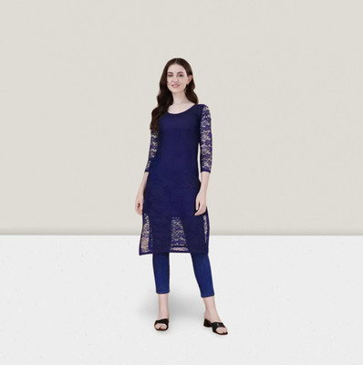 URUFASHIIONMART Women Self Design Straight Kurta(Blue)