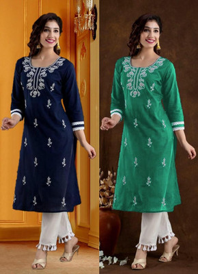 SISTO Women Chikan Embroidery Straight Kurta(Multicolor)