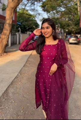 OM FAB Women Embroidered A-line Kurta(Purple)