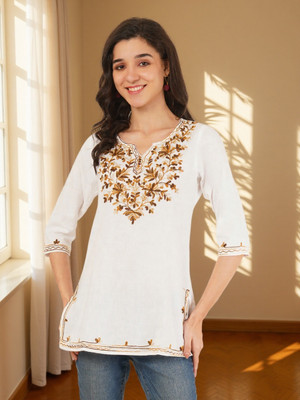 Miss Peach Women Embroidered A-line Kurta(White)