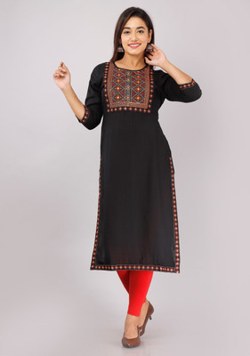 STYLE ANGEL Women Embroidered Straight Kurta(Black)