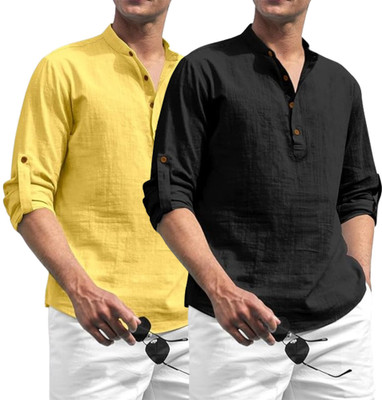 FireFish Men Solid A-line Kurta(Yellow)