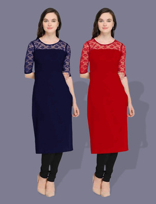 maaheshvi Women Self Design Straight Kurta(Blue, Red)