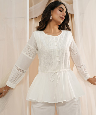 LIBAS Women Embroidered A-line Kurta(White)