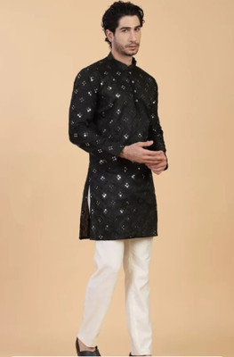 Mamta Biswas Men Embroidered Straight Kurta(Black)