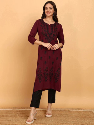 TOP N THREAD Women Self Design A-line Kurta(Maroon, Black)