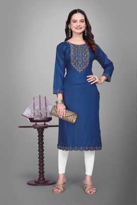 SHIVAYFAB Women Embroidered, Embellished A-line Kurta(Blue)