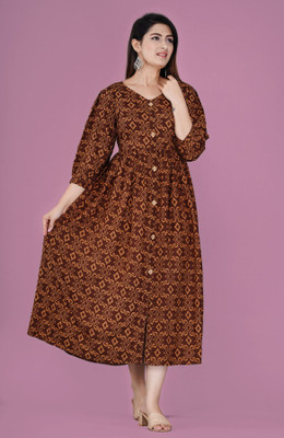 MintMarie Women Printed Ethnic Dress Kurta(Brown, Orange)