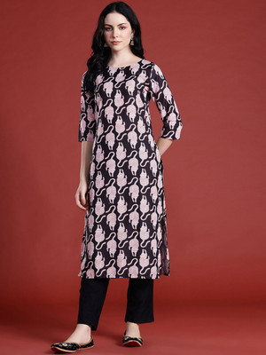ANOUK Women Printed Straight Kurta(Black)