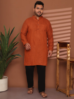ED PLUS Men Polka Print Straight Kurta(Orange)