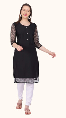 Adgood fashion Women Self Design Straight Kurta(Black)